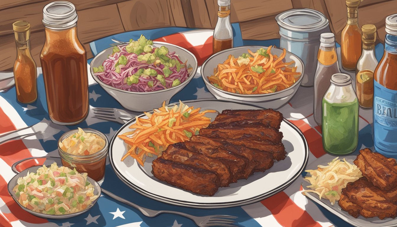 A picnic table with a plate of BBQ coleslaw, surrounded by BBQ sauce bottles and Texas-themed decorations