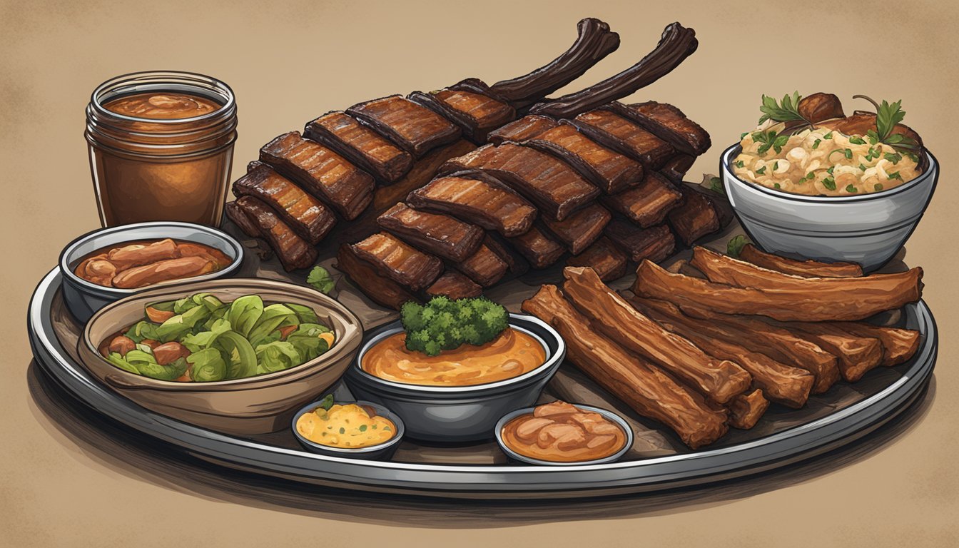 A rustic Texas BBQ spread with East Texas pork ribs, highlighting the four regional styles