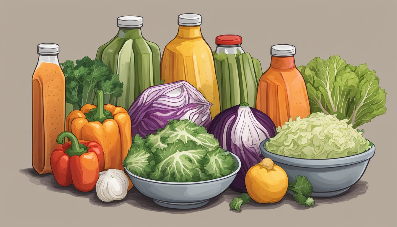 A colorful array of fresh vegetables, including cabbage, carrots, and bell peppers, alongside bottles of various condiments and spices for preparing Texas-style BBQ coleslaw