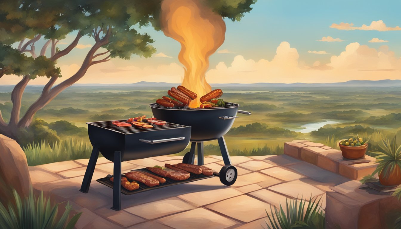 A large outdoor barbecue pit with various types of meats cooking over an open flame, surrounded by the distinct landscapes of South Texas