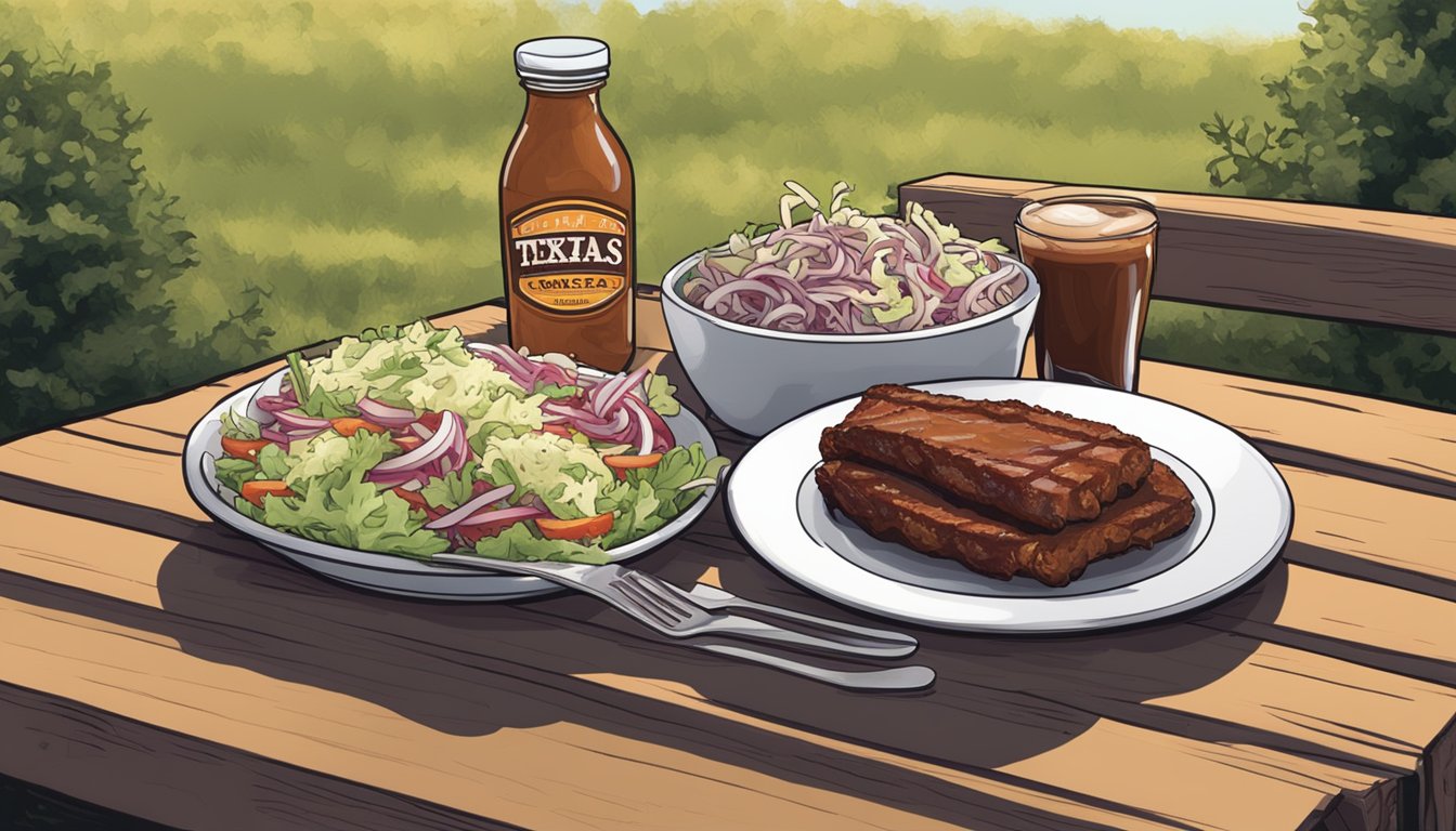 A picnic table set with a heaping plate of Texas BBQ and a side of coleslaw, with a bottle of BBQ sauce nearby