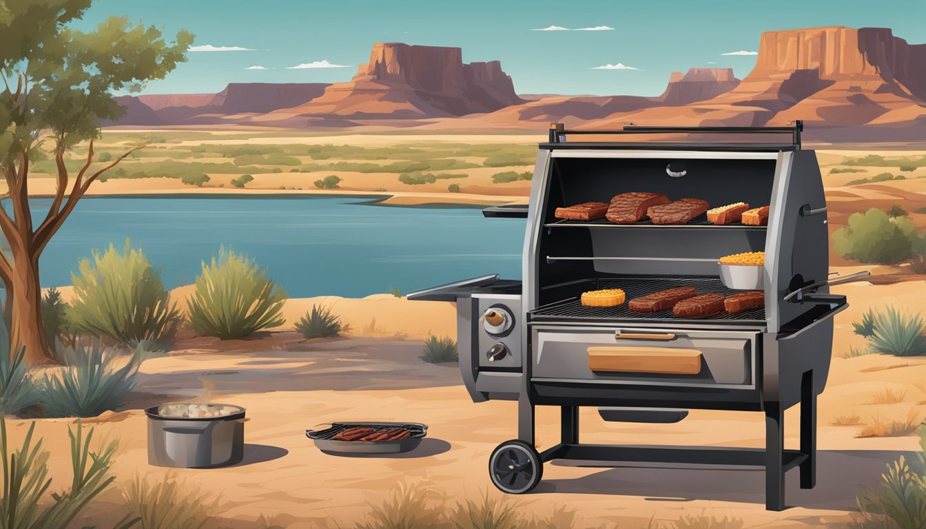 A rustic outdoor barbecue with a mesquite-grilled beef surrounded by the iconic landscapes of West Texas