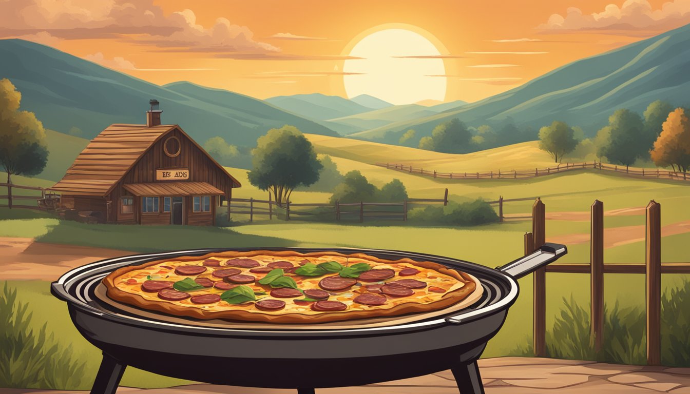 A rustic outdoor Texas BBQ scene with a wood-fired oven, a sizzling pizza topped with smoky barbecue sauce, and a backdrop of rolling hills