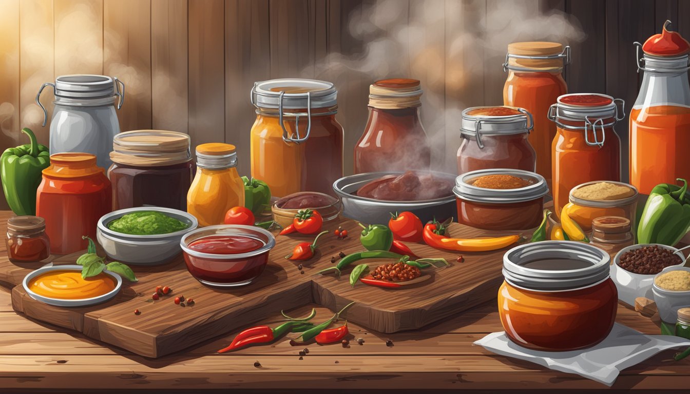 A rustic wooden table with an array of BBQ sauces in various jars, surrounded by ingredients like peppers, tomatoes, and spices. Smoke rises from a nearby grill