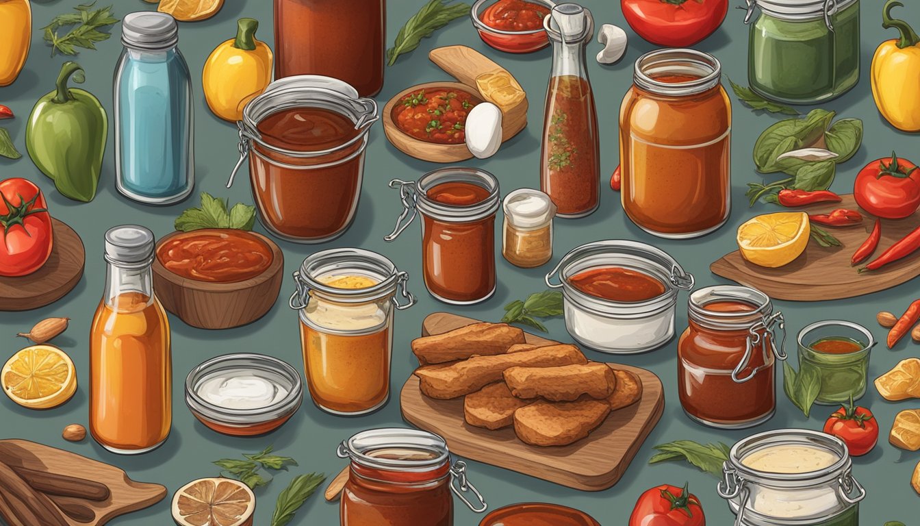 A table with an array of BBQ sauces in various bottles and jars, surrounded by ingredients like tomatoes, peppers, and spices