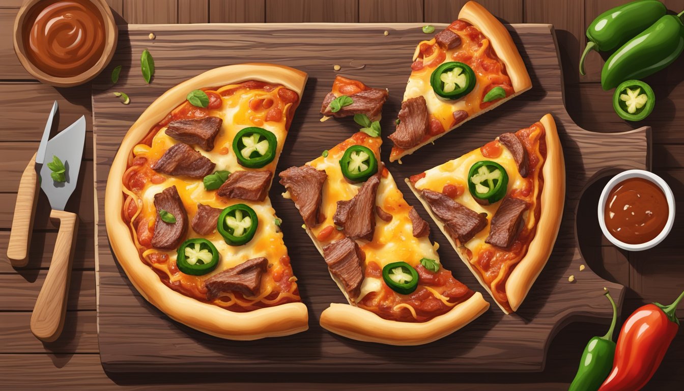 A sizzling bbq pizza with melted cheese, topped with smoked brisket, jalapenos, and barbecue sauce, served on a wooden cutting board