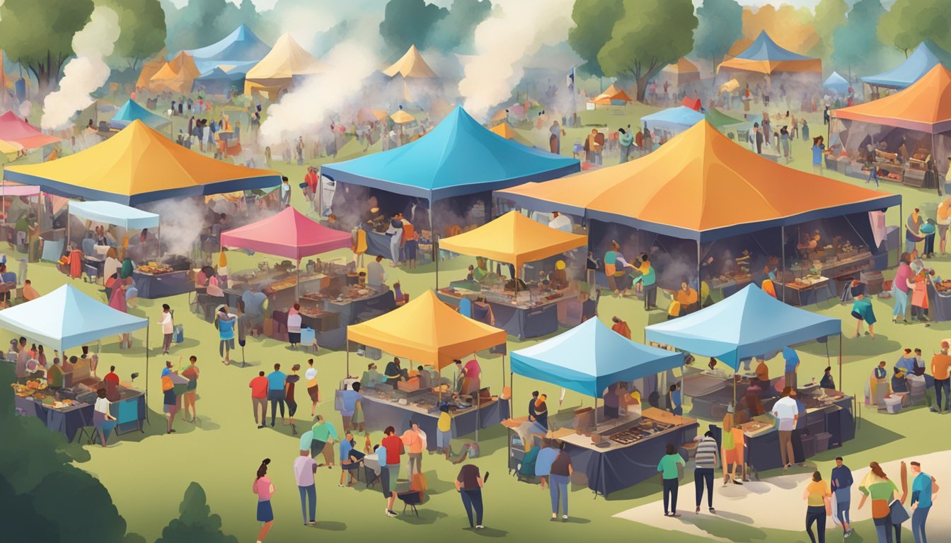 A bustling outdoor festival with colorful tents, smoke rising from grills, and people enjoying live music and delicious BBQ