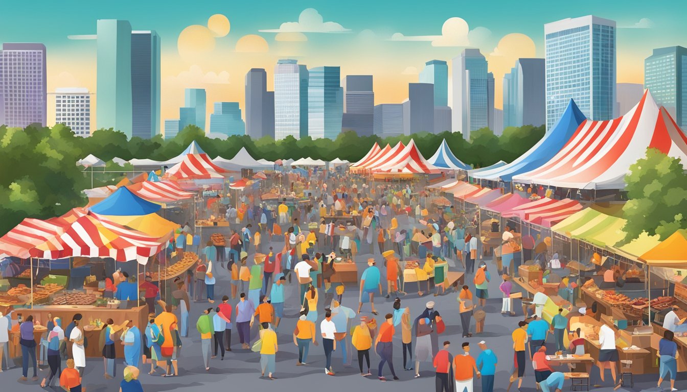 The 9th annual BBQ festival in Houston features rows of colorful food stalls, live music, and crowds of people enjoying the outdoor event