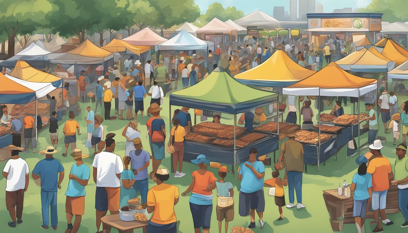 Crowds gather around food stalls and live music stages at the 9th annual BBQ festival in Houston. The aroma of smoked meats fills the air as people enjoy the lively atmosphere