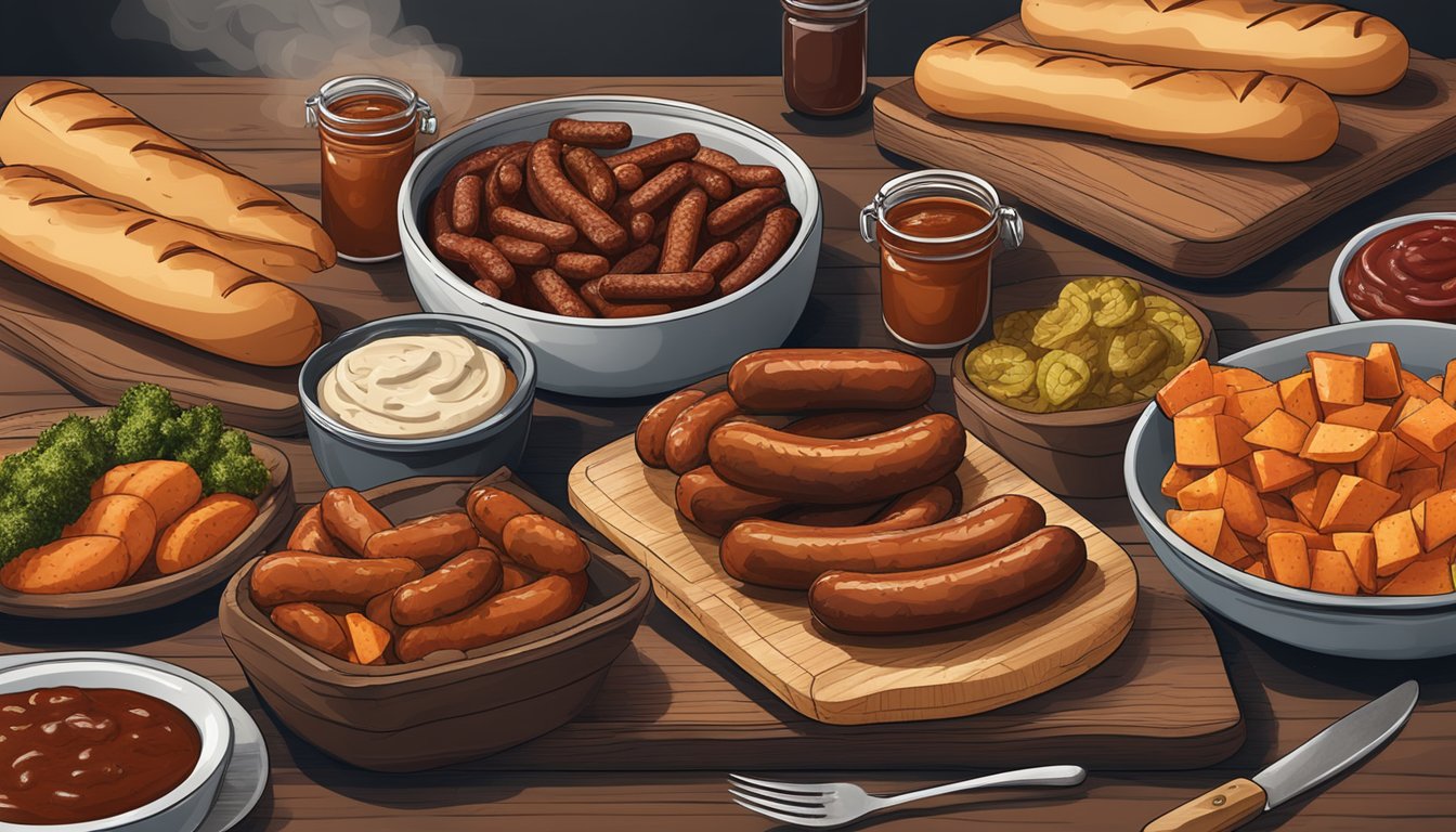 A rustic wooden table with a spread of smoked sausages, BBQ sauce, and Texas-style sides, surrounded by a smoky haze