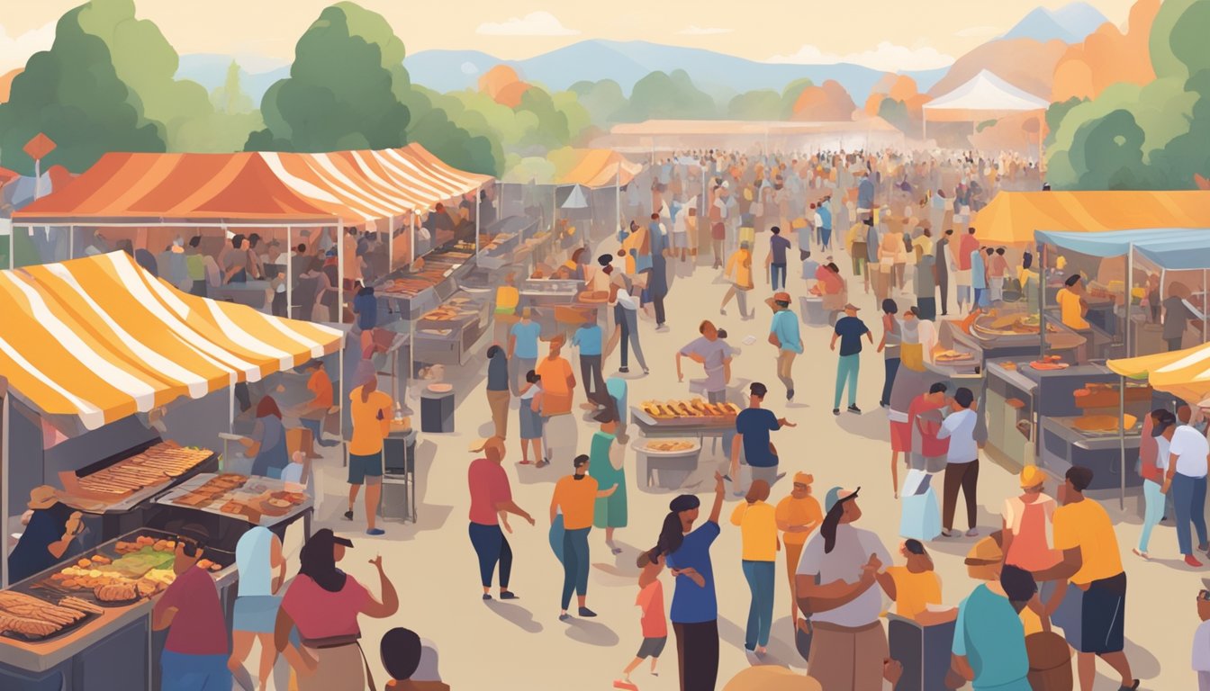 A bustling outdoor festival with rows of food stalls, smoke rising from grills, and a lively crowd enjoying live music and delicious barbecue