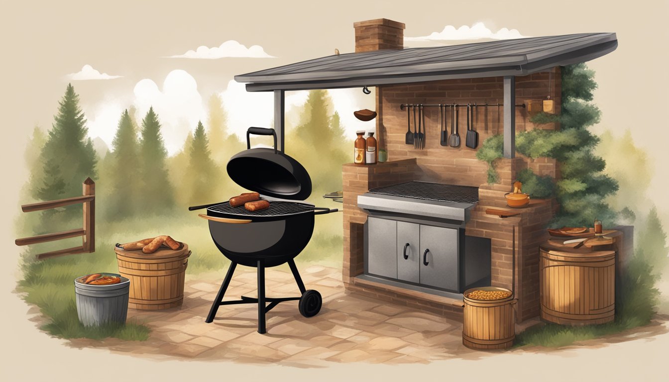 A rustic outdoor barbecue setting with a wood smoker, grilling sausages, and Texas-style seasoning