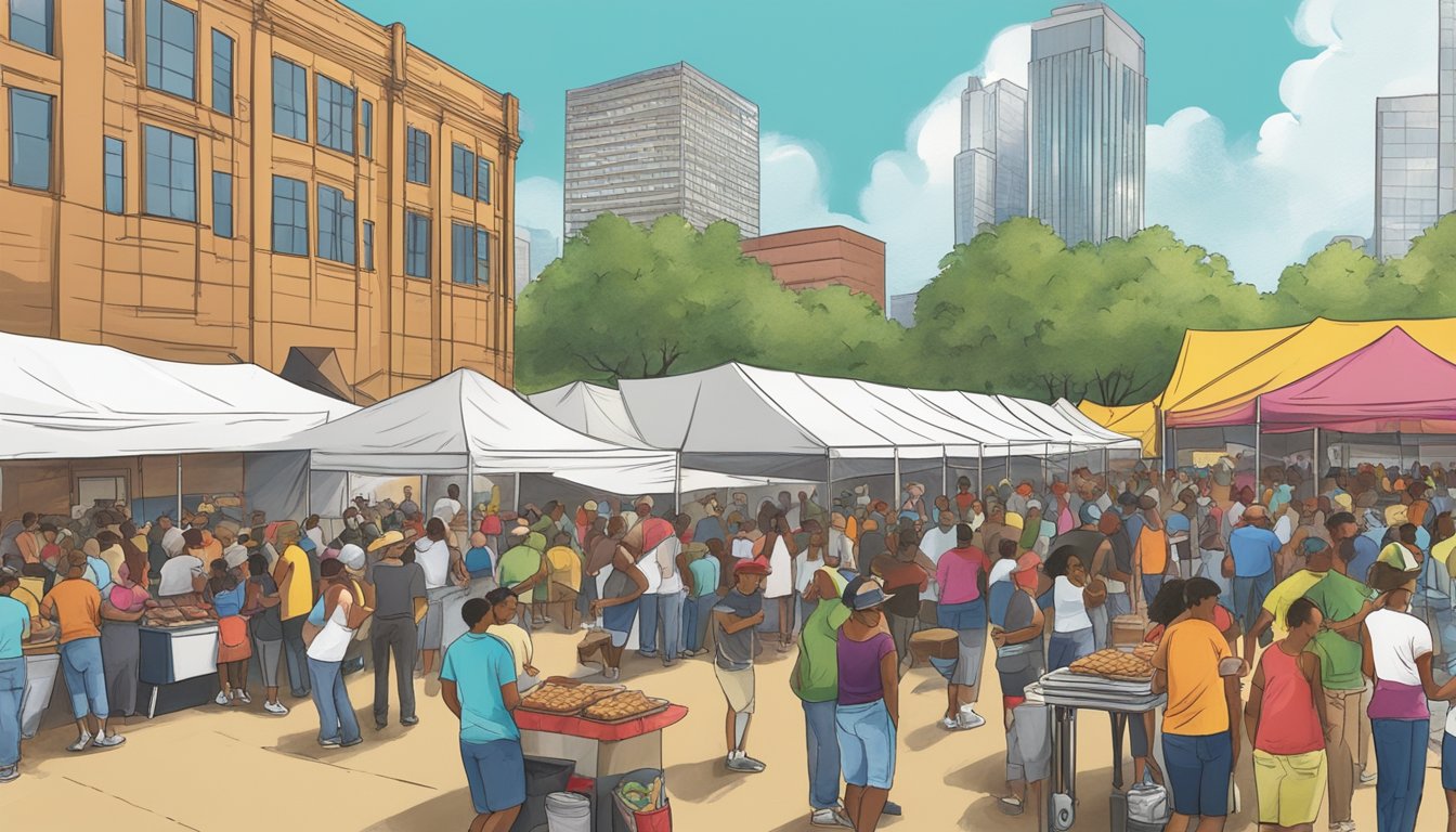 Crowds gather around food vendors and live music stages at the 9th annual BBQ festival in Houston. The aroma of smoked meats fills the air as people enjoy the event's features and amenities