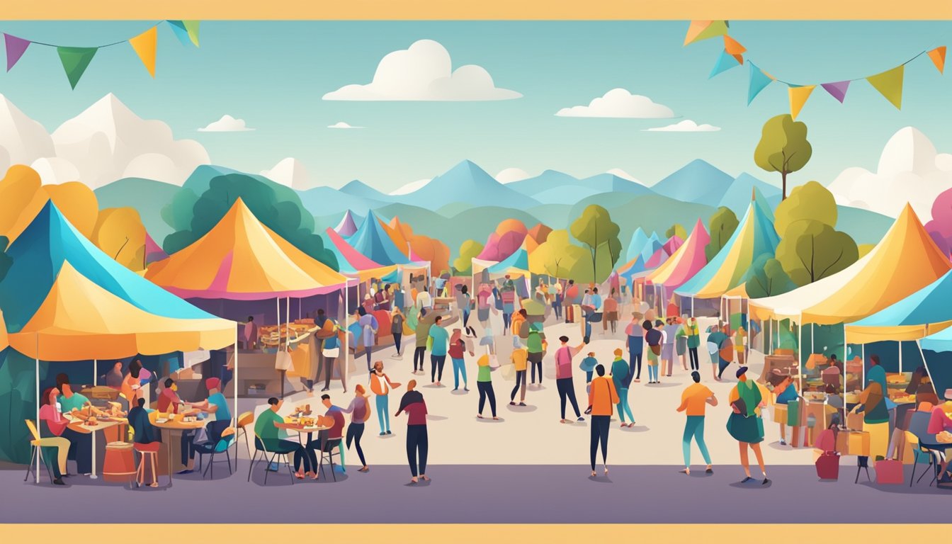 A bustling outdoor festival with colorful tents, food vendors, and live music. People are enjoying BBQ and socializing in a lively atmosphere