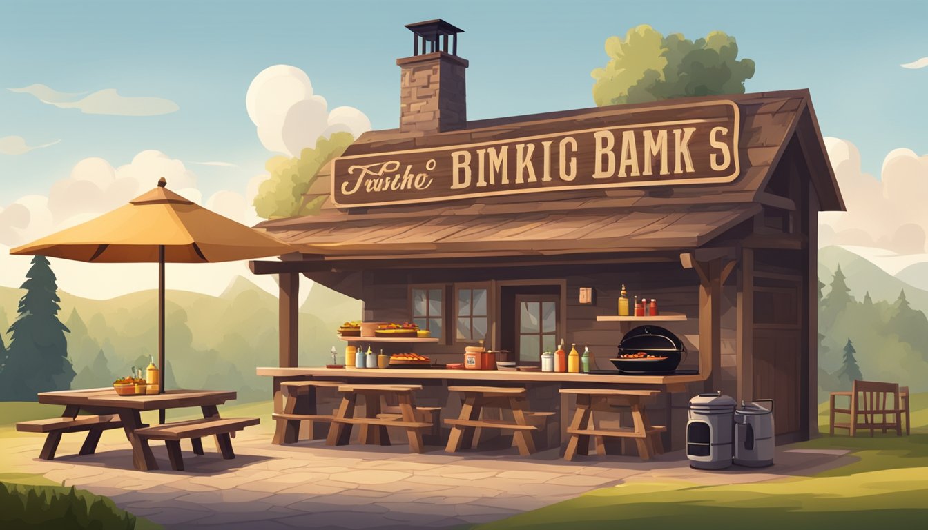 A rustic outdoor BBQ joint with a smoking grill, wooden picnic tables, and a welcoming sign