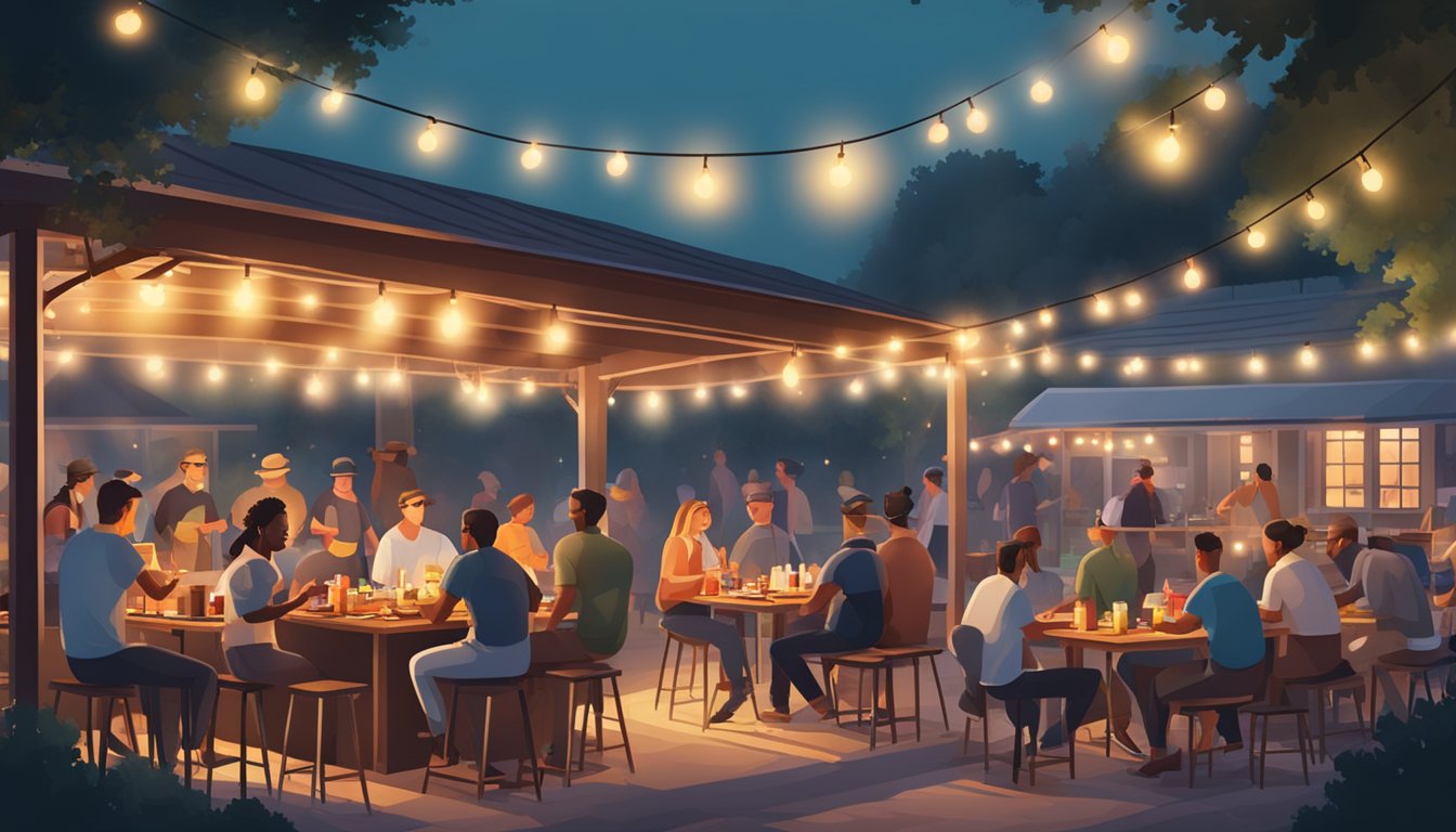 A bustling outdoor barbecue joint with smoke billowing from the grill, diners enjoying ribs and brisket at picnic tables under string lights