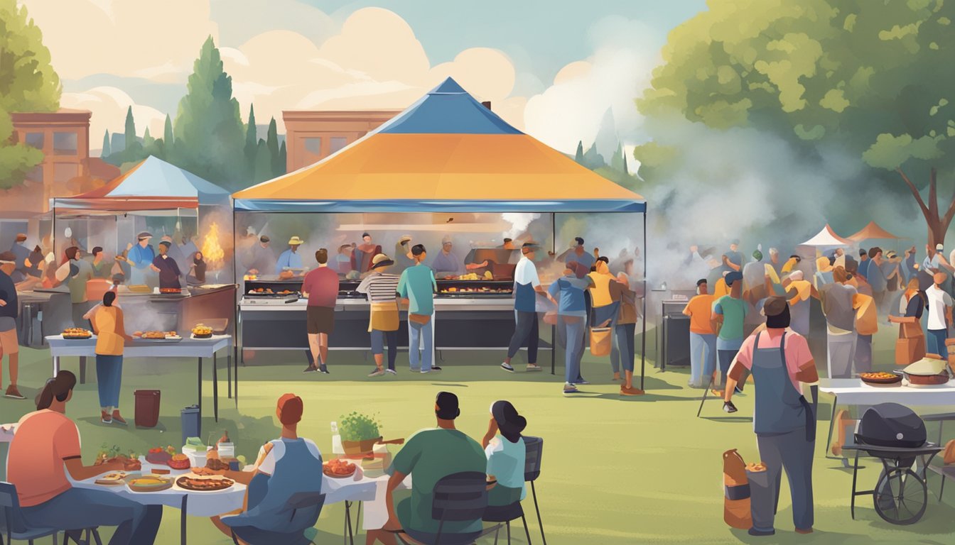 A bustling outdoor BBQ cook-off with smoke rising from grills, people enjoying food, and live music in the background