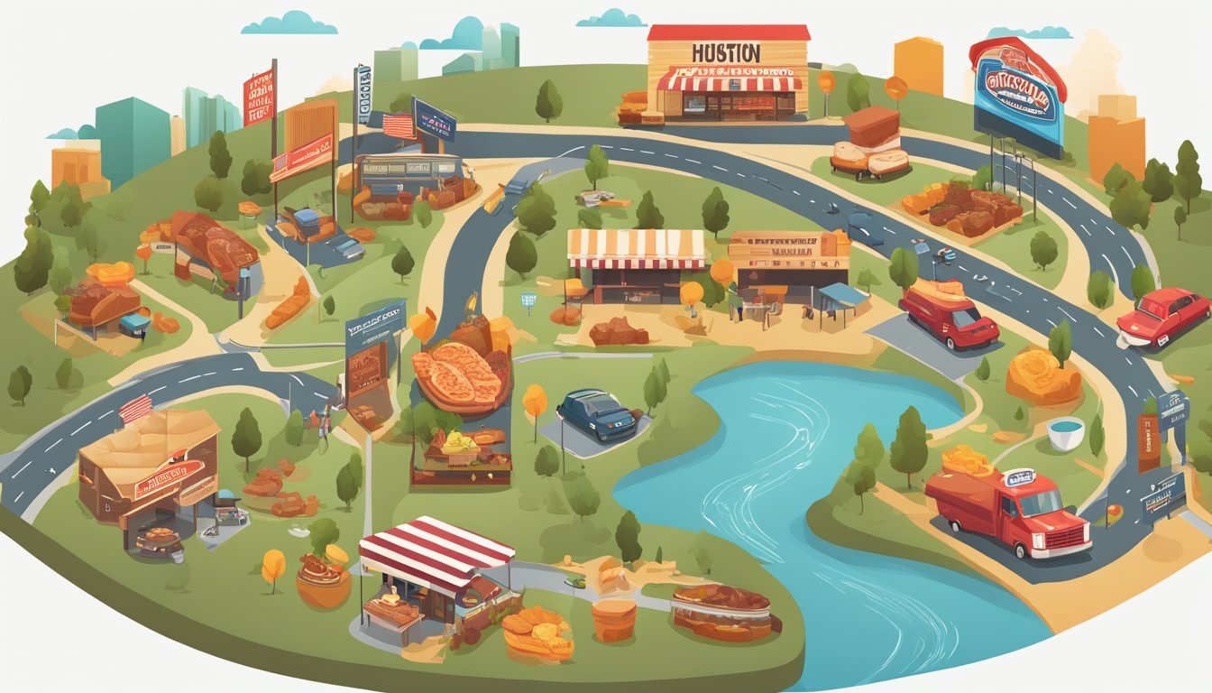 A colorful map of Houston with six BBQ joint icons marked along a winding road, surrounded by images of sizzling meats and smoky grills