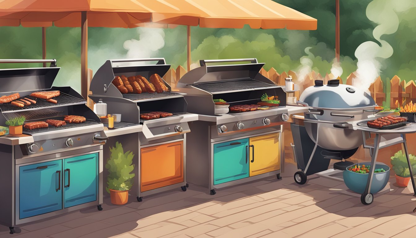 A colorful array of grilling stations showcasing various BBQ styles and techniques, with smoke rising from sizzling meats in an outdoor setting