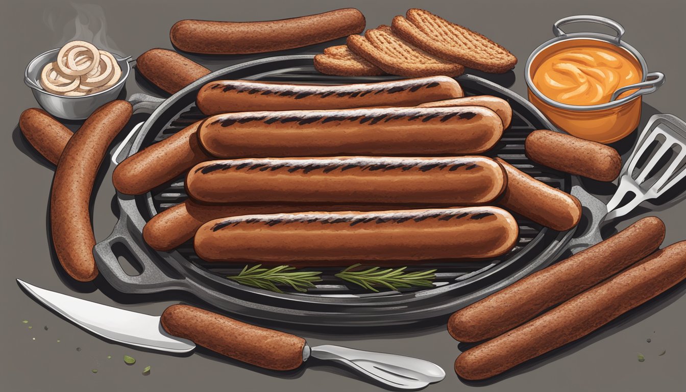 A platter of Texas-style BBQ smoked sausages, surrounded by grilling utensils and a smoky backdrop