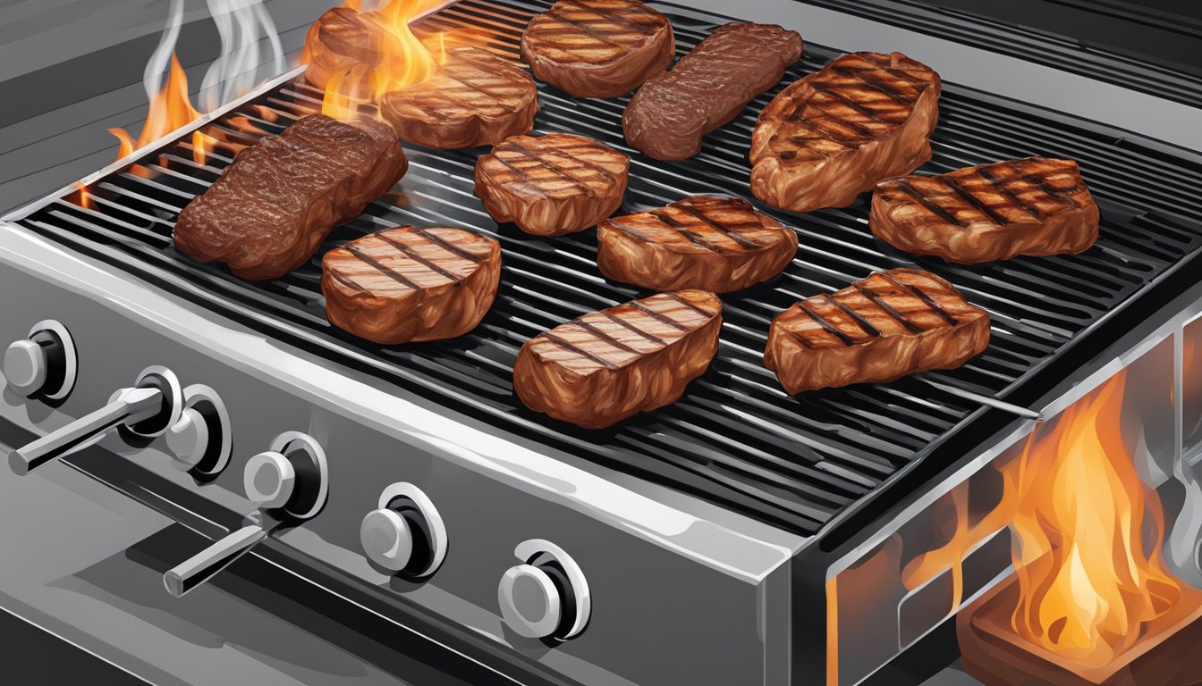 A grill mat placed on a hot grill, with sizzling Texas BBQ-style meats cooking on top, emitting a mouthwatering aroma