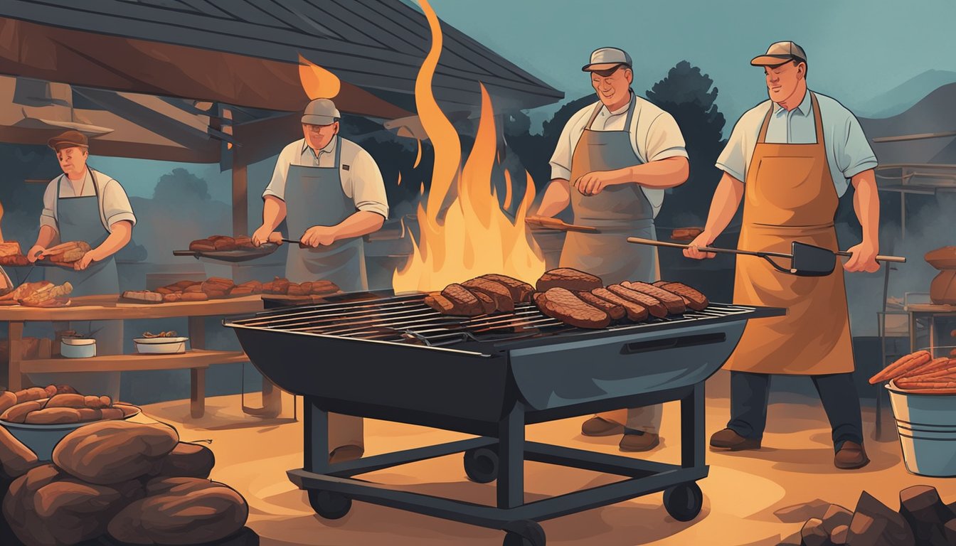 Pitmasters tending to open flames, smoke billowing from grills, and various cuts of meat sizzling over the coals, representing the evolution of BBQ techniques over the decades