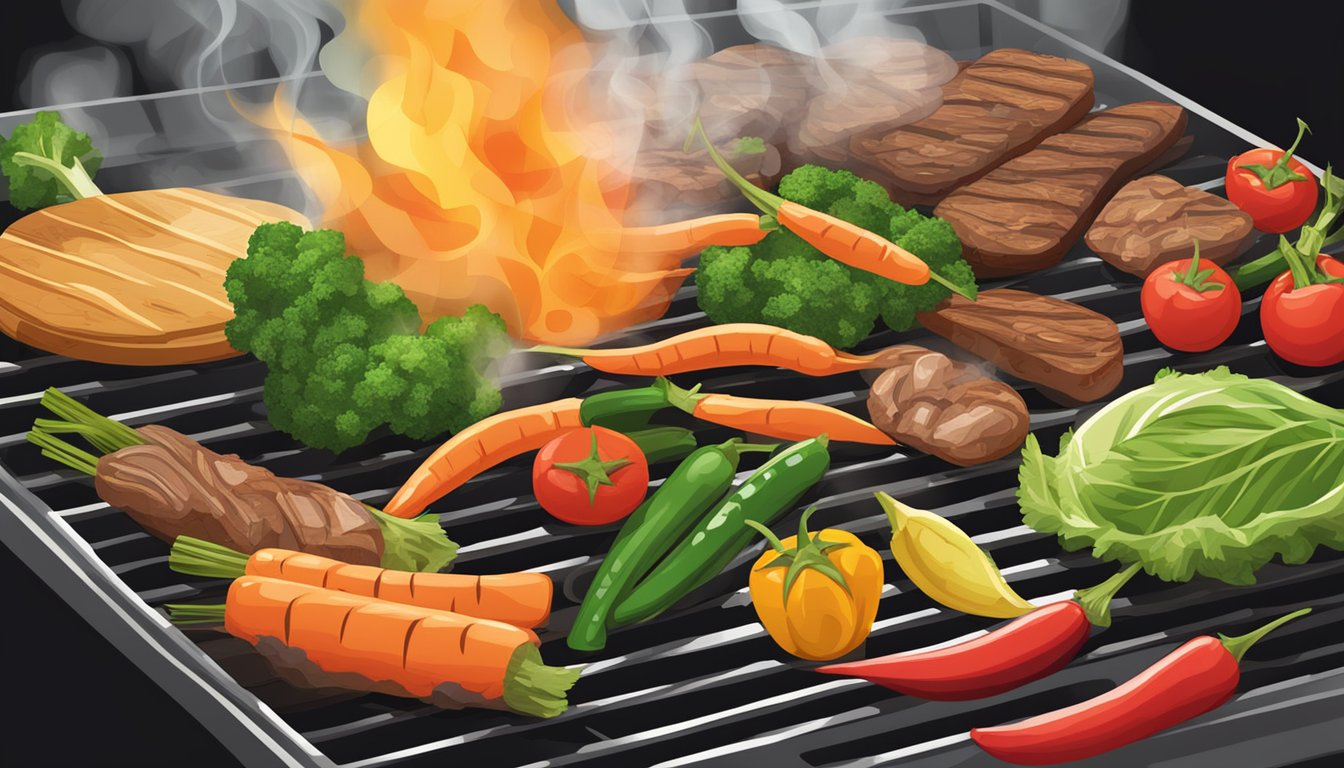 A colorful array of assorted vegetables sizzling on a hot grill, with wisps of smoke rising and the distinct aroma of Texas BBQ seasoning in the air