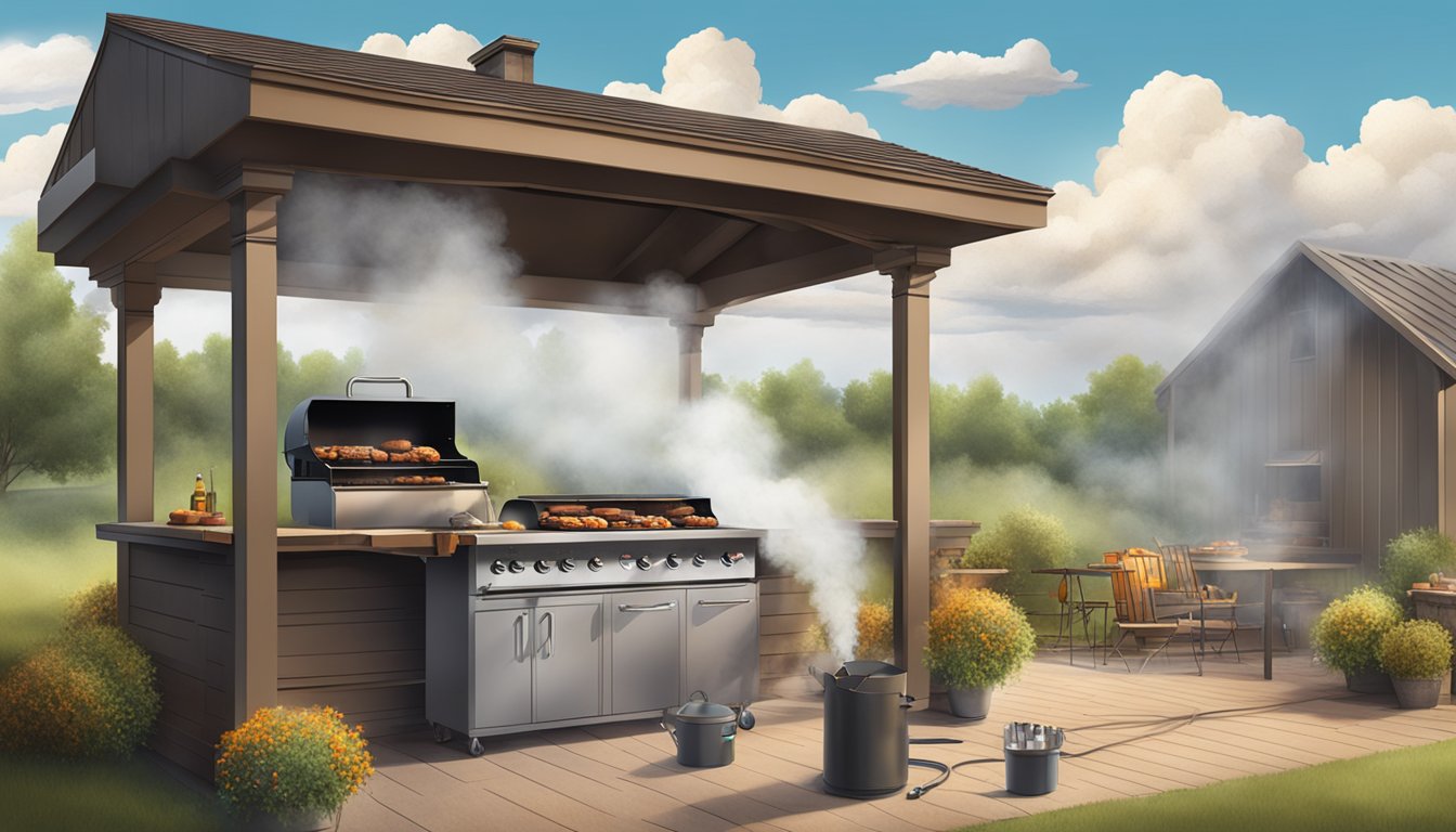 A cloud of smoke billows from a Texas-style barbecue pit, with essential equipment scattered around for mastering smoke rings