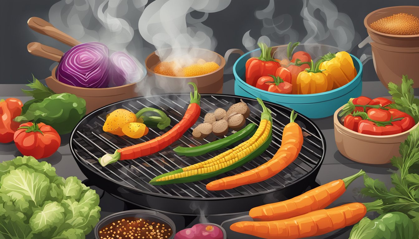 A colorful assortment of vegetables grilling over a smoky barbecue, with spices sprinkled on top