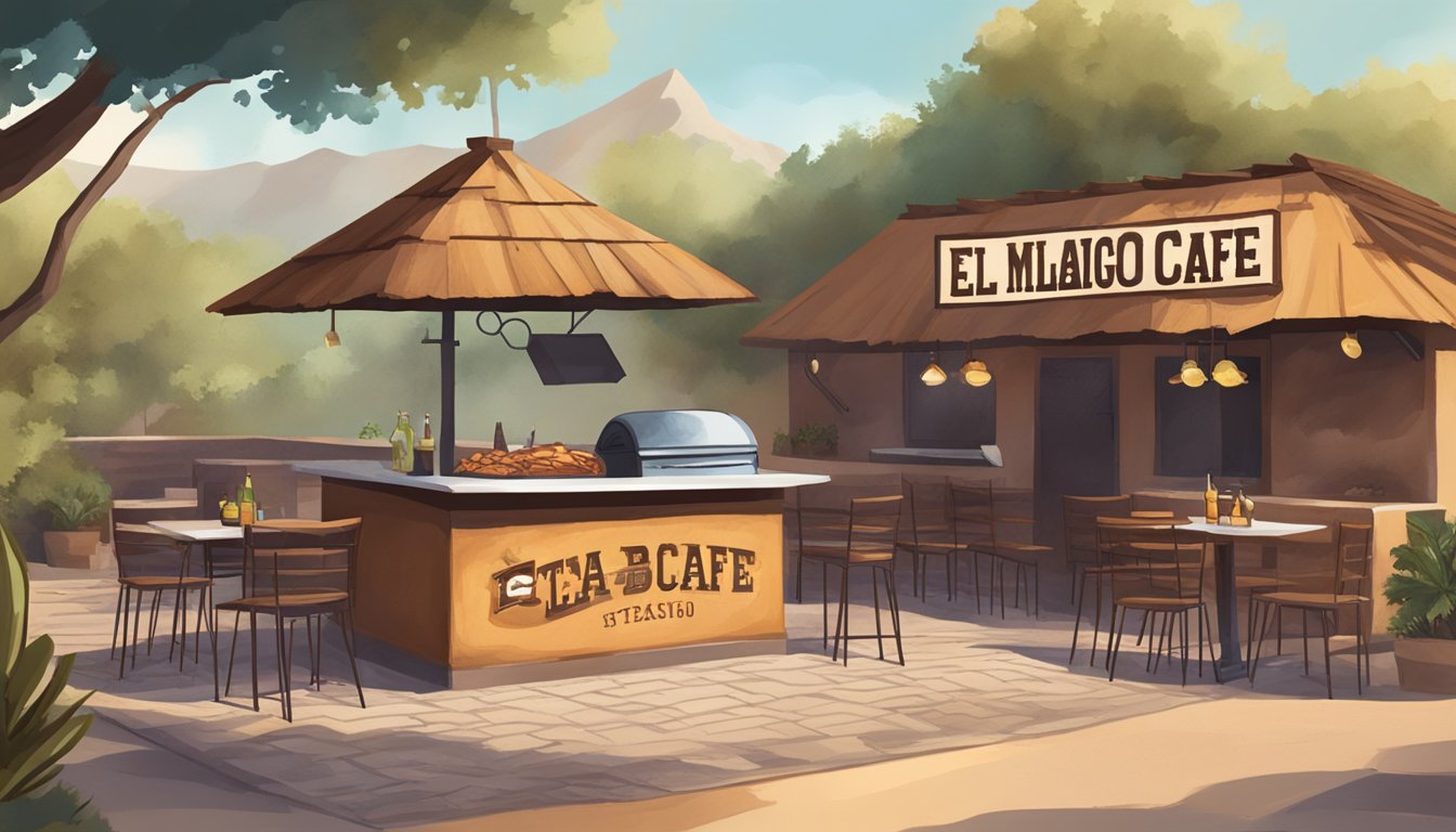 A rustic outdoor barbecue pit surrounded by smoky, sizzling barbacoa, with a sign proudly displaying "El Milagrito Cafe - Texas Top 8 Barbacoa Spots."