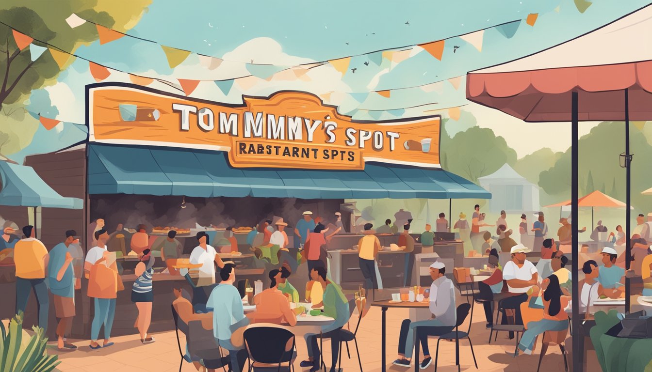 A bustling outdoor barbecue festival with smoke rising from grills, people enjoying food and music, and a banner announcing "Tommy's Restaurant Top 8 Barbacoa Spots"