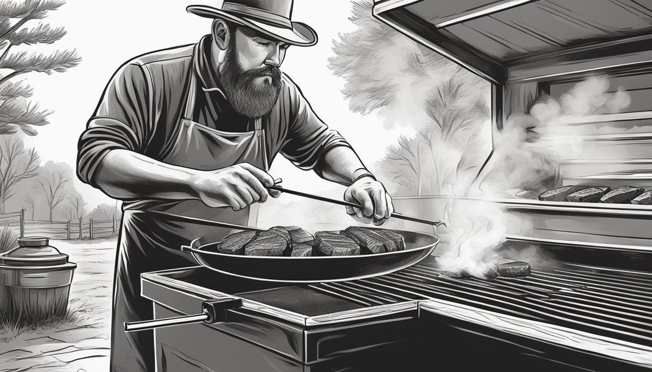 A Texas pitmaster expertly tends to a smoking barbecue, carefully adjusting the wood and charcoal to achieve the perfect smoke ring on the meat