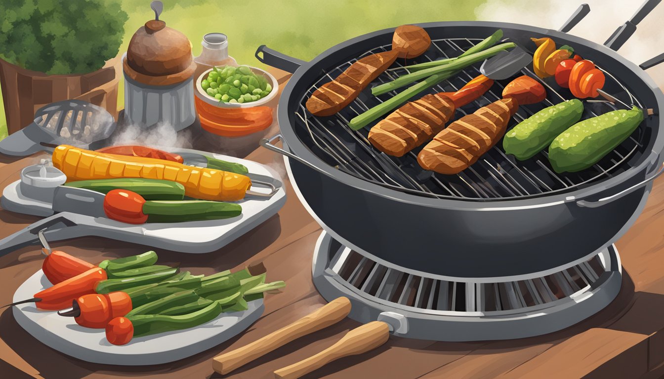 A grill filled with sizzling vegetables and a variety of grilling tools, set against a backdrop of a Texas BBQ pit with smoke billowing in the air