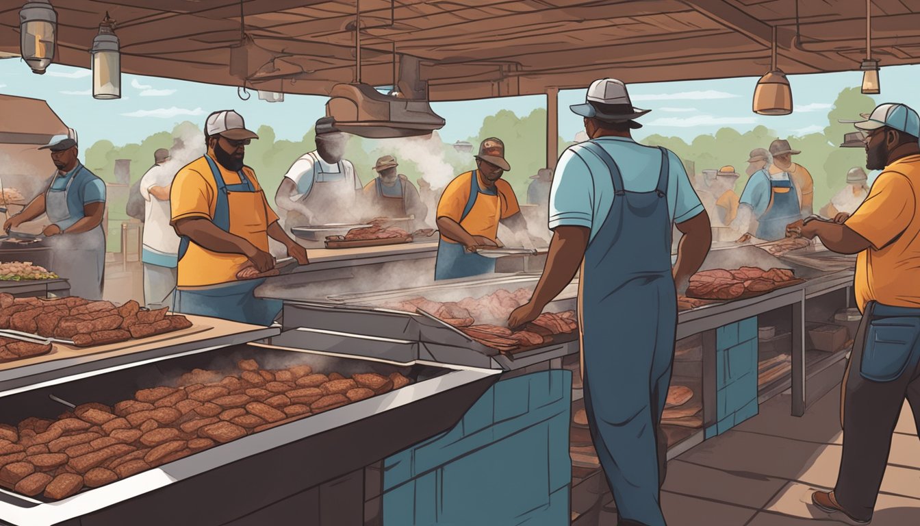 Pitmasters tending to smoking barbacoa meats at a bustling Texas barbecue joint