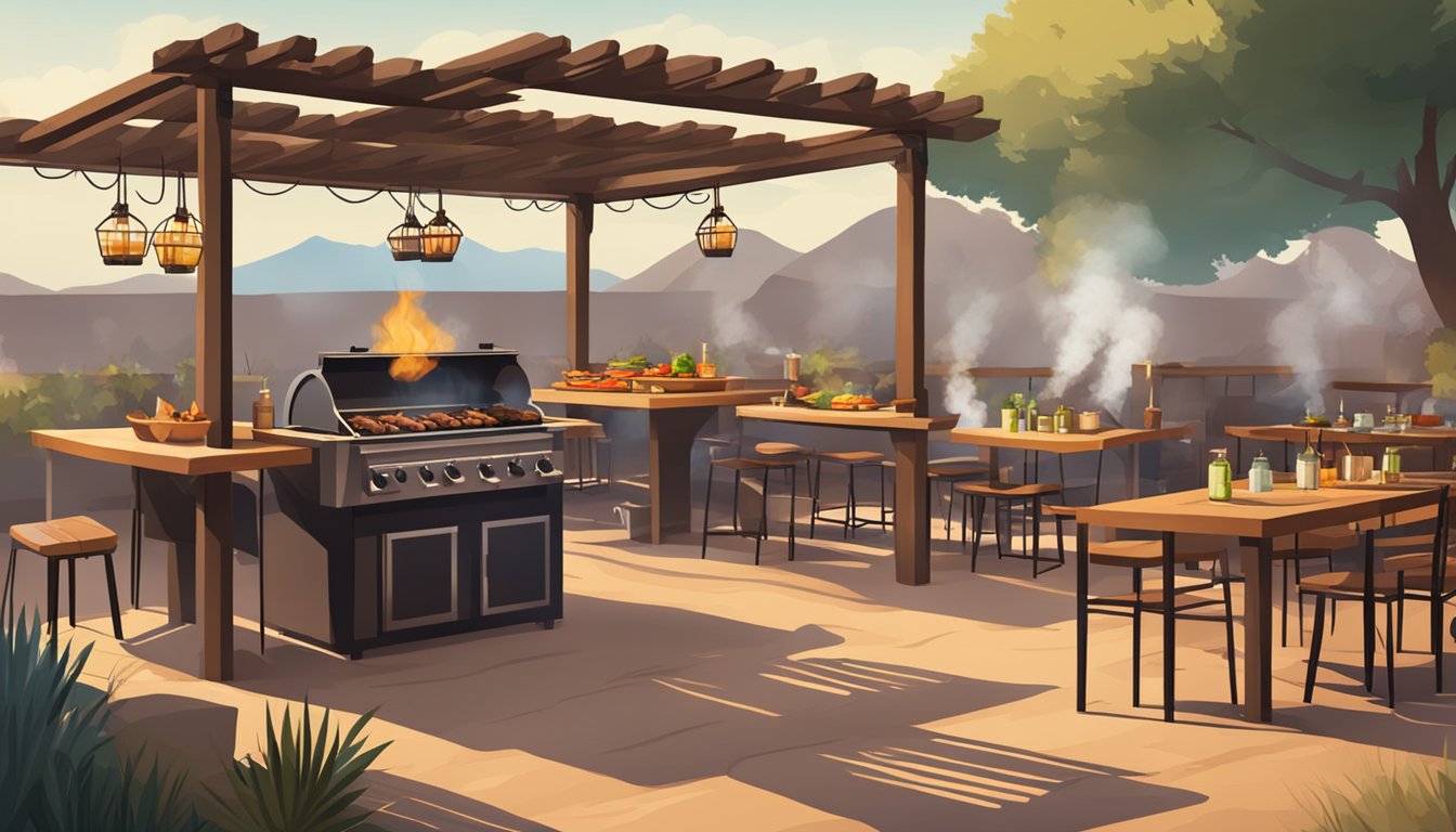 A rustic outdoor barbecue pit surrounded by smoky grills and tables filled with mouthwatering barbacoa dishes