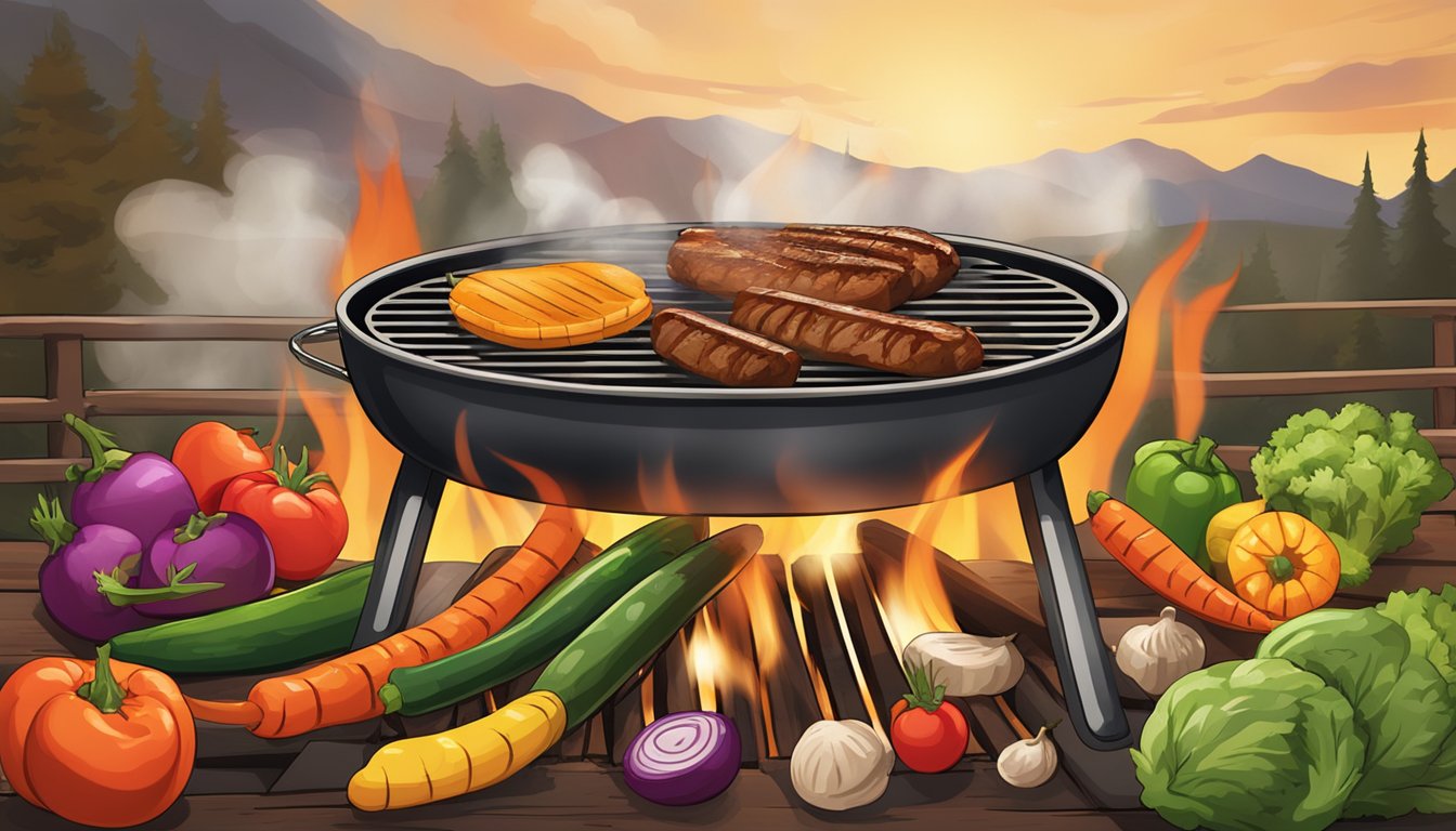 A grill with an assortment of colorful vegetables sizzling over the flames, smoke rising into the air, with a rustic Texas BBQ backdrop