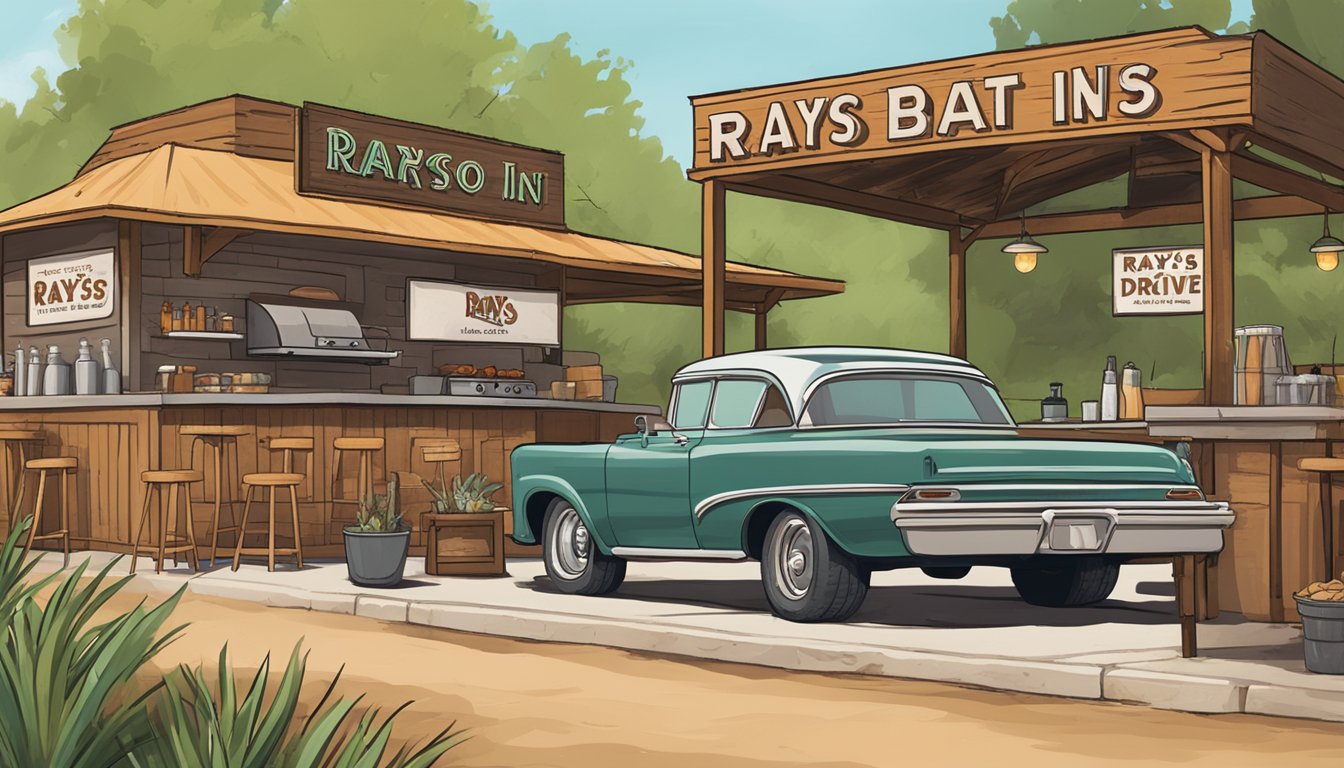 A rustic outdoor barbecue pit surrounded by Texas top 8 barbacoa spots, with a sign proudly announcing Ray's Drive Inn as a pitmaster's pride