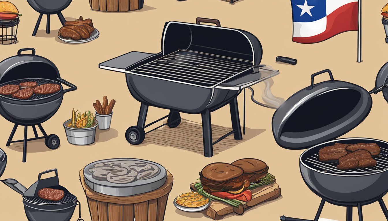 A rustic outdoor barbecue setting with smoky grills, sizzling meat, and a Texan flag flying proudly in the background