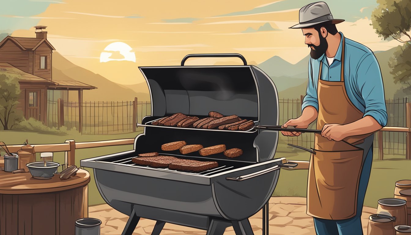 A rustic outdoor barbecue pit with smoky, sizzling meat being tended to by a proud pitmaster