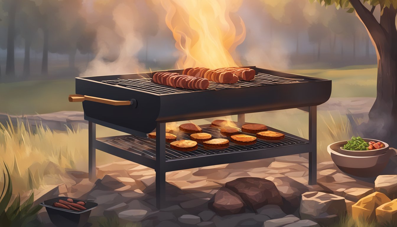 A rustic outdoor barbecue pit surrounded by smoky haze, with a variety of meats cooking over open flames and a tantalizing aroma filling the air