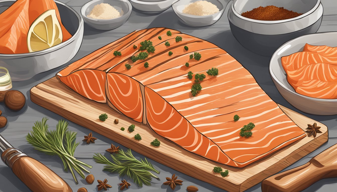 Smoked salmon being seasoned with Texas-style spices on a wooden cutting board