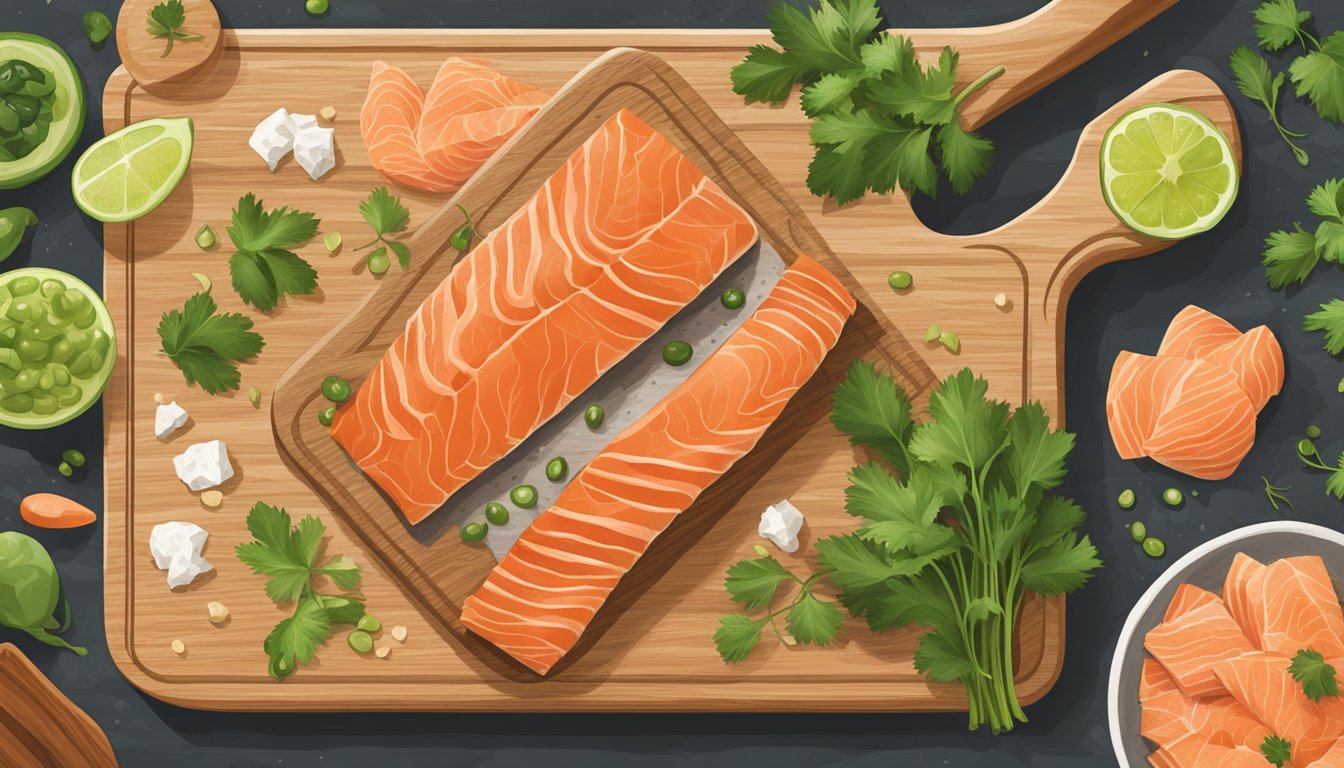 A rustic wooden cutting board with smoked salmon, jalapenos, and cilantro arranged in a Texas-style pattern