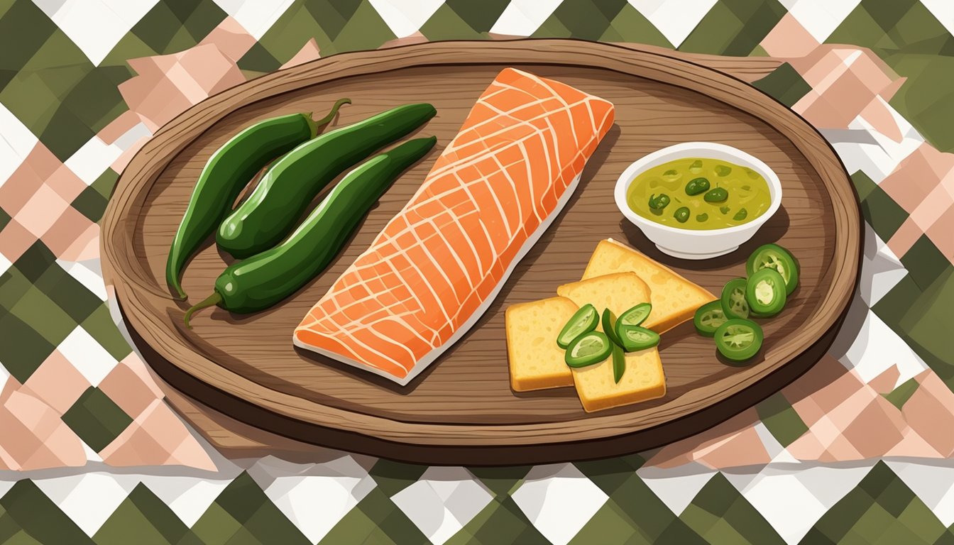 A rustic wooden platter with smoked salmon, sliced jalapenos, and cornbread on a checkered tablecloth