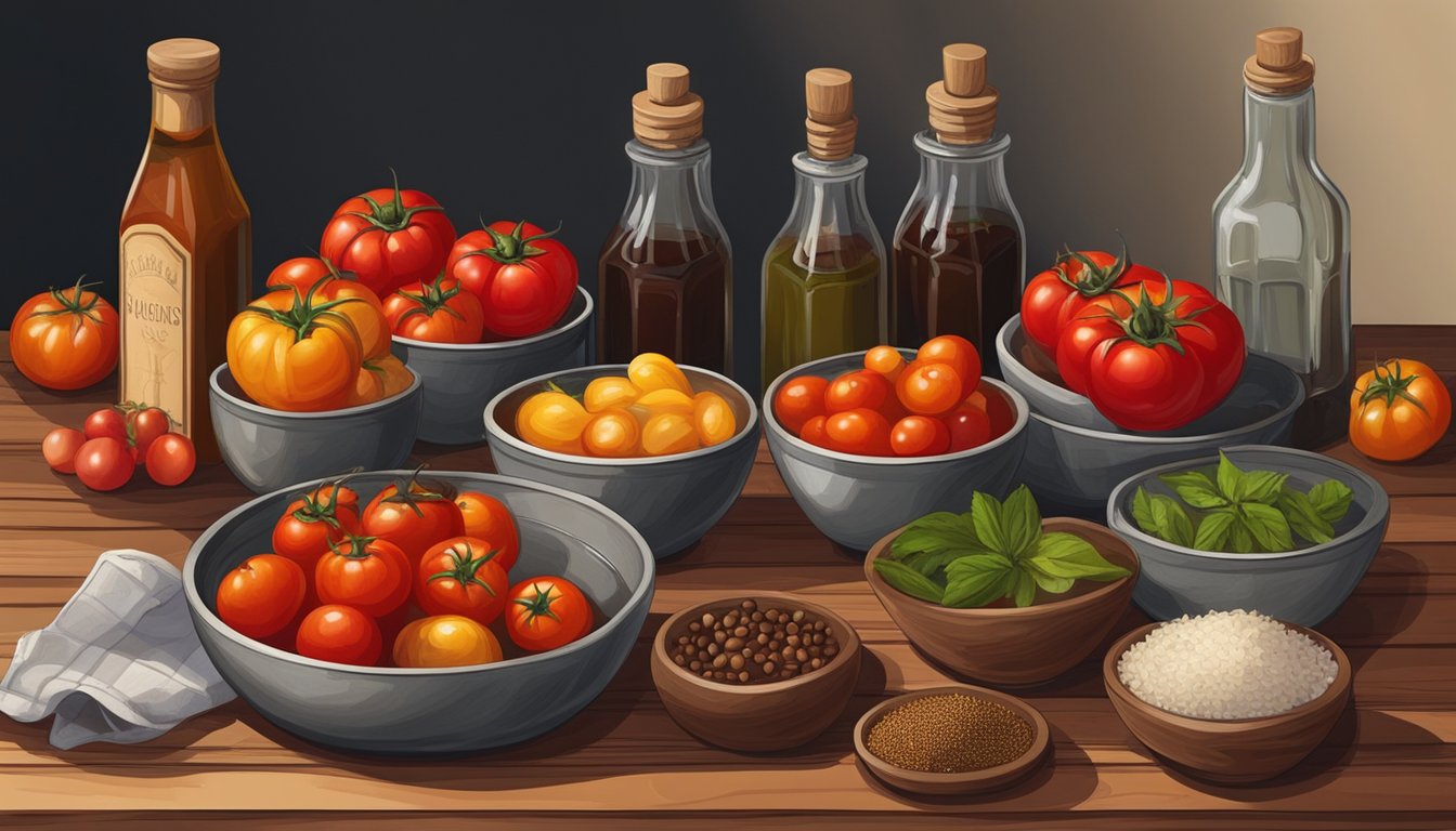 A rustic wooden table with bowls of tomatoes, onions, peppers, and spices, surrounded by bottles of vinegar and molasses