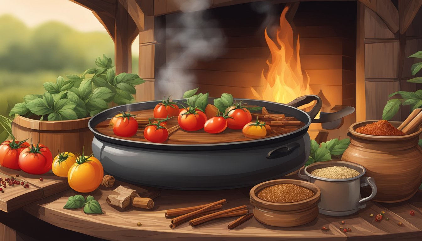 A rustic wooden table holds a variety of ingredients - tomatoes, spices, and molasses - alongside a pot simmering over a crackling fire