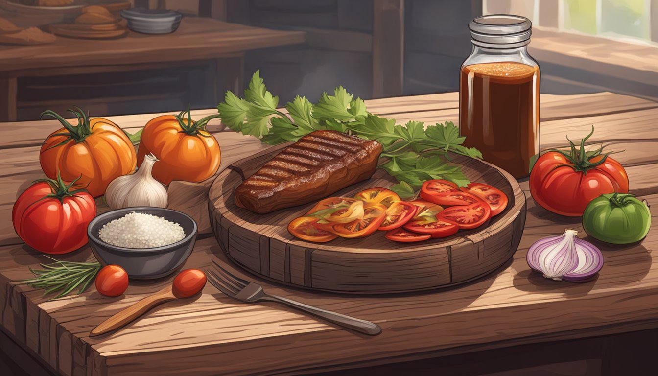 A rustic wooden table with various ingredients like tomatoes, onions, garlic, spices, and a bottle of BBQ sauce. A smoky grill in the background