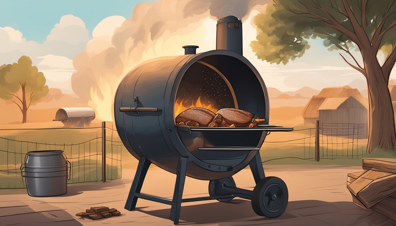 A large pork shoulder being smoked over a wood fire in a traditional Texas barbecue pit