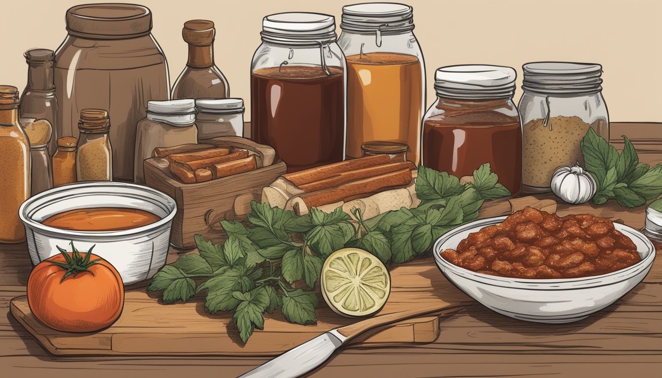 A rustic kitchen table with jars of homemade BBQ sauce, surrounded by ingredients like tomatoes, spices, and vinegar. A handwritten recipe sits nearby