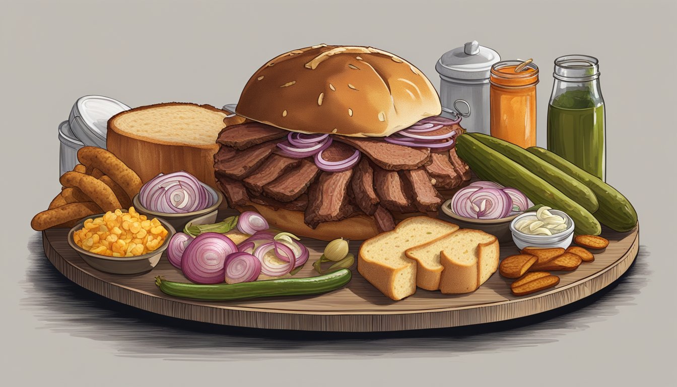 A large, smoking pork shoulder surrounded by classic Texas-style barbecue accompaniments such as pickles, onions, and white bread