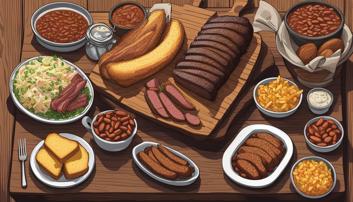 A rustic wooden table displays a spread of smoked brisket, ribs, and sausage, accompanied by sides of coleslaw, baked beans, and cornbread. The air is filled with the rich aroma of hickory and mesquite